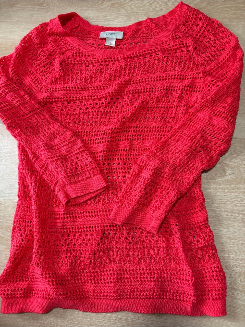 LOFT Open-Knit Scoop Neck Sweater in Bright Coral
